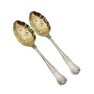 Vintage EPNS Silver Plated Sheffield Berry Spoons Gilded Bowls Fruit Embossed